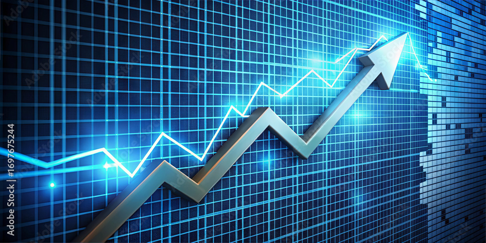 Poster a dynamic chart illustrates a financial upward movement with a bold arrow and glowing blue lines aga