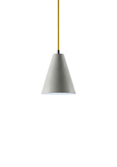 A minimalist pendant light with a conical polished concrete shade and vibrant yellow textile cable, suspended in a transparent studio with a cool light beam, concept of modern industrial design and