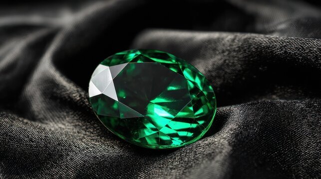 A green gemstone rests on dark textured fabric with soft lighting.