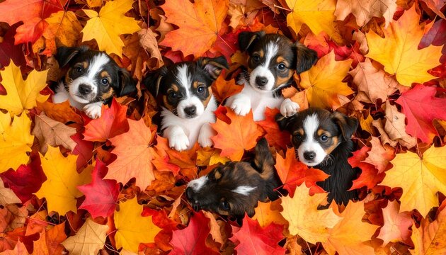 Adorable puppies playfully nestled in colorful autumn leaves creating a seamless flat-lay pattern of fall fun