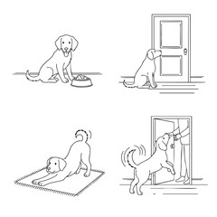 Set of four black and white line art illustrations showing a dogs daily behaviors.