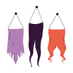 Creepy Halloween flags set in purple, orange with torn spooky shapes. Great for party decor, banners, invitations and holiday design. Flat vector illustration.