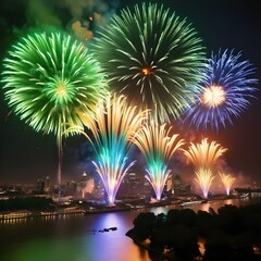 Vibrant fireworks display captured in high resolution, featuring colorful red, green, purple, and blue bursts illuminating the night sky above a glowing cityscape for festive celebrations.