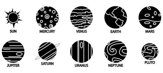 Solar system glyph icon. Planets set glyph icon. Planet Earth and sun icon. Space background. World symbol. glyph art. glyph Icons set. © muhammad