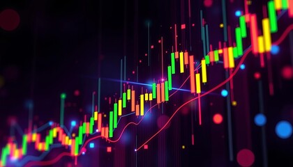 Abstract generative AI art depicting a dynamic candlestick chart representing stock market trends, statistics, investment