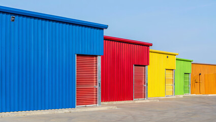 A row of brightly painted storage units showcases vivid colors against a clear blue sky. The facility highlights a mix of blues, reds, yellows, and greens, adding an energetic feel to the area