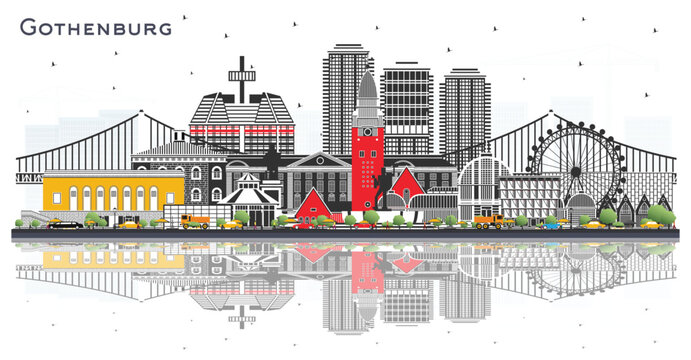 Gothenburg Sweden City Skyline with Color Buildings Isolated on White. Illustration. Gothenburg Cityscape with Landmarks. Business Travel and Tourism Concept with Historic Architecture.