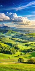 Fototapeta premium vast green landscape with rolling hills and mountains in the background