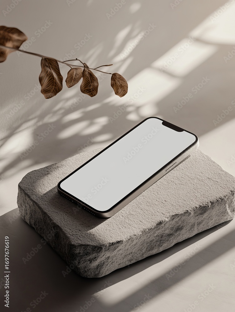 Poster minimalist smartphone mockup with blank screen on stone surface for app design presentations and bra