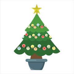 Christmas Tree on a Pot Vector Flat Illustration