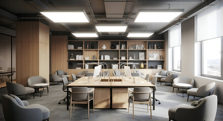 Modern office space showcases collaborative work environment with natural light and minimalist decor, creating a productive and inviting atmosphere.