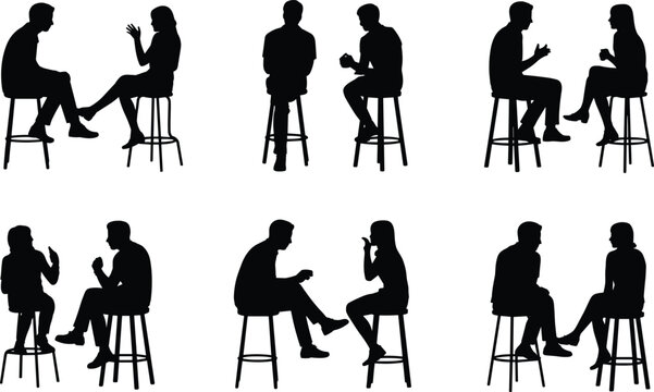 Silhouettes of people talking on stools, discussion, communication, conversation between man and woman, social interaction, interview, seated meeting scene. - Powered by Adobe