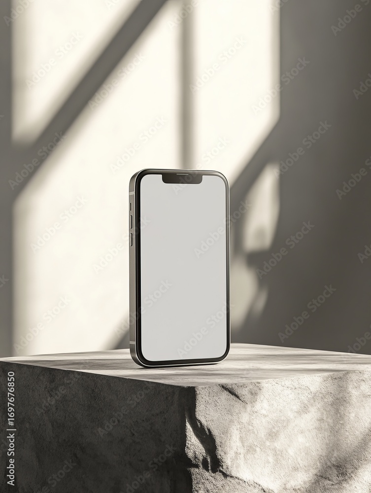 Poster modern mobile phone mockup on textured stone surface with sunlight shadows for ui ux and web design 