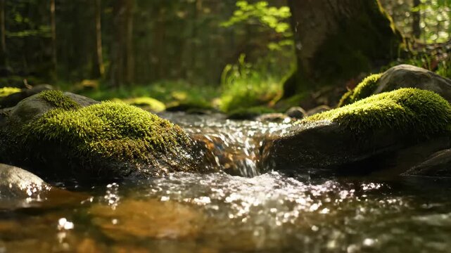 A close-up view of a small stream flowing over moss-covered rocks in a sun-dappled forest.