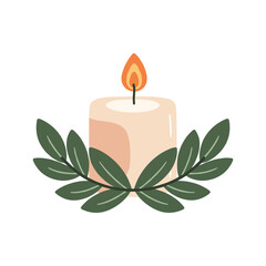 Decorative candle with green leaves and soft flame design – stock vector flat illustration