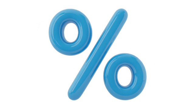 A bright blue percent sign rendered in a glossy inflated style isolated on transparent background