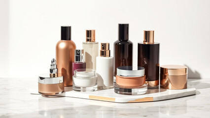 Tray with many bottles of perfume and lotion