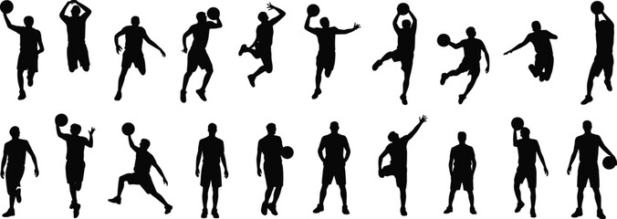 Basketball player silhouettes in action poses, dribbling, dunking, jumping, isolated figures, sports concept, athletic movement, vector graphic collection.