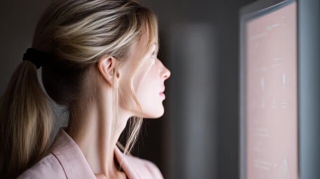 Professional Woman Focused on Analyzing Data Screen - Powered by Adobe