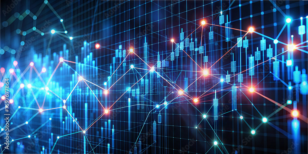 Poster brightly colored lines and bars depict stock market performance against a dark background. the intri