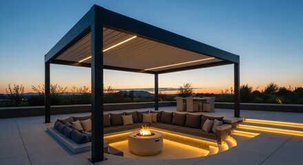 Obraz premium Modern Patio with Fire Pit Invites Outdoor Entertaining and Relaxation