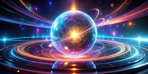 Obraz premium Glowing orb suspended in space with pulsating neon lights and swirling fluid motion graphics effect