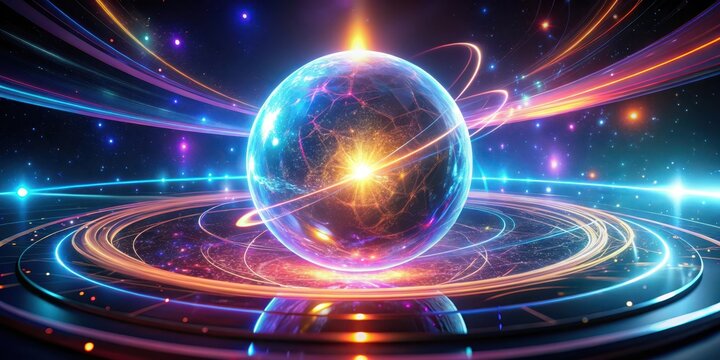 Glowing orb suspended in space with pulsating neon lights and swirling fluid motion graphics effect
