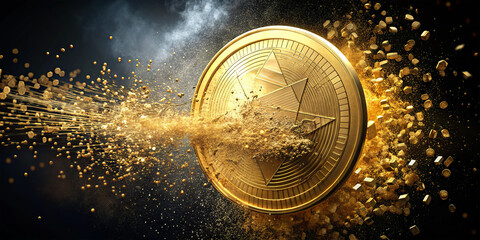 A golden cryptocurrency coin bursts into particles amidst a dark backdrop, symbolizing the dynamic and volatile nature of the digital currency market. The dramatic effect captures attention