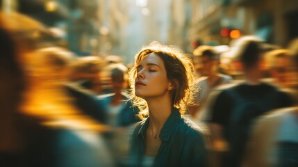 Young woman standing still with closed eyes in the middle of a busy city street, finding calm and mindfulness while blurred crowds move around her