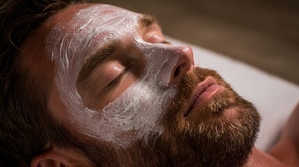 Man with facial mask lying down eyes closed relaxation spa treatment.