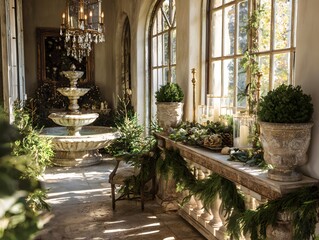 Festive Interior with Fountain, Candles and Christmas Decoration