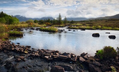 landscape scenery river stream, forest, mountains in the background at Derryclare, Connemara Ireland