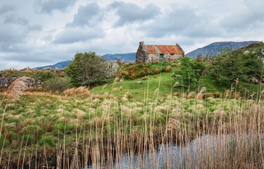 sunrise landscape scenery old rusty tin roof cottage on green hill Connemara, Ireland background