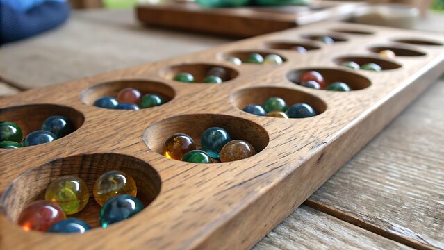 Vintage wooden Mancala board game with colorful glass stones on rustic table, perfect for strategy and fun