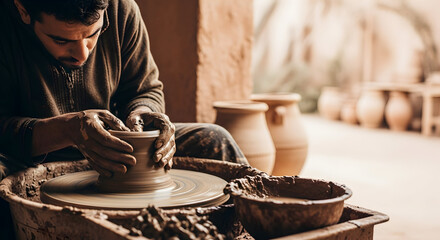 Skilled artisan shaping clay on a pottery wheel, hands covered in mud, creating beautiful earthenware vessels in a traditional workshop setting