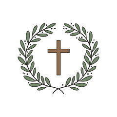 Christian cross with olive branches emblem – stock vector flat illustration