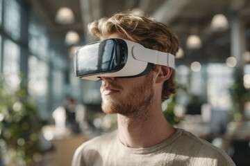 Young man wearing virtual reality headset indoors in a bright modern office environment, exploring immersive digital technology and future innovation