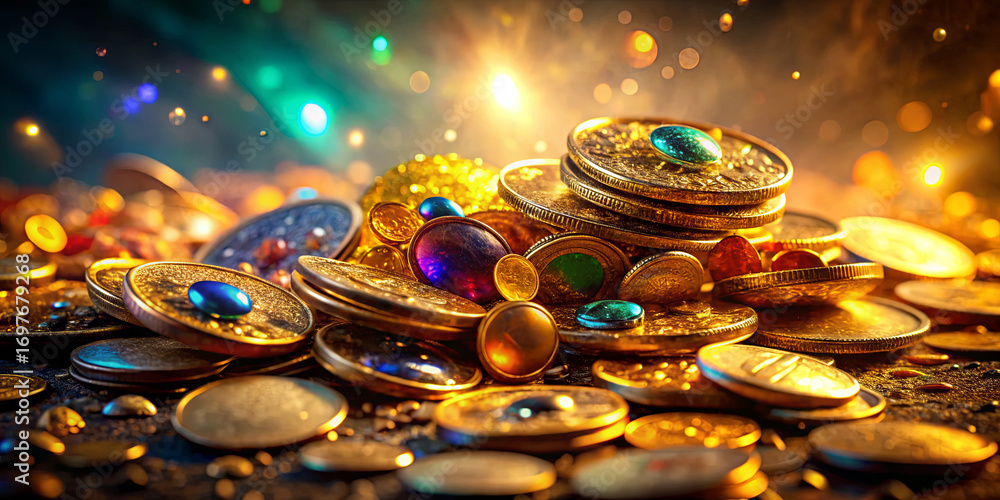 Poster a collection of gold coins and colorful gems rests on a dark surface, illuminated by sparkling light