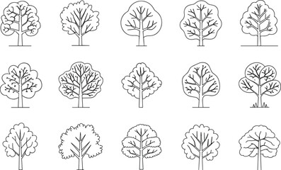 Tree elevation view symbols, architectural landscape design elements, vector tree illustration set, garden foliage drawing, urban greenery
