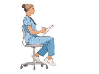 Sitting Medical Professional Writing on Clipboard, Calm Light Blue