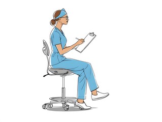 Female Nurse Sitting Writing on Clipboard in Light Blue Scrubs