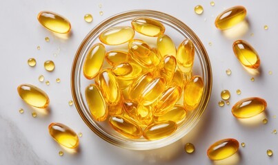 Close - up of a glass bowl filled with shiny yellow capsules, some scattered around, with water droplets on a light background.