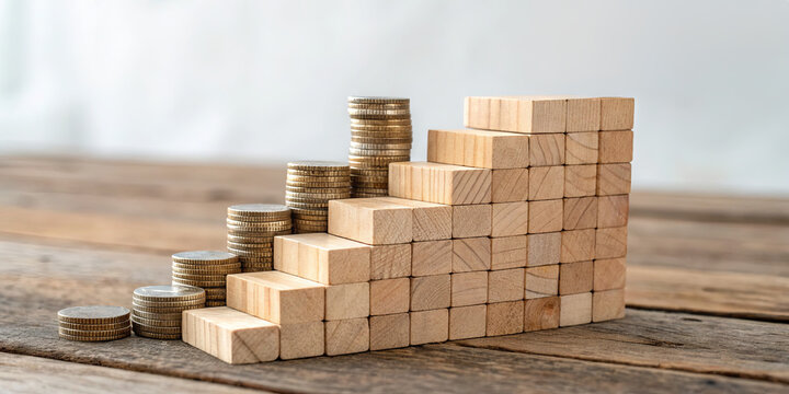 Stacked wooden blocks create a staircase alongside neatly arranged coins representing financial progress. The rustic wooden table enhances the theme of growth and investment - Powered by Adobe