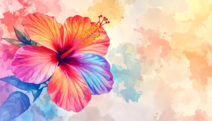 Vibrant hibiscus flower on a colorful watercolor background