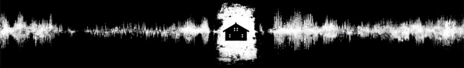 Abstract graphic with house silhouette amidst sound waves