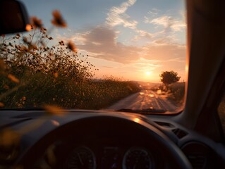 Scenic Orange Sunset View From Car Driving on Country Road
