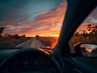 Country Road at Sunset From Inside Car - Golden Sky Vehicle Travel