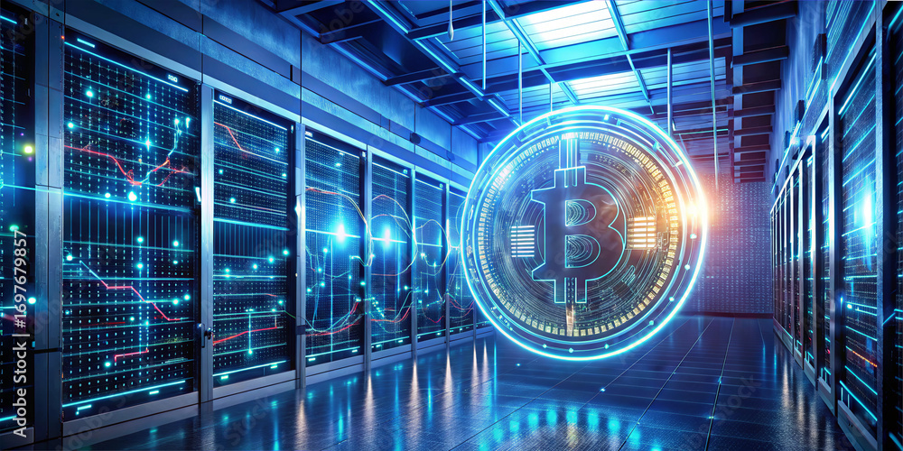Poster inside a high-tech data center, a luminous bitcoin hologram hangs prominently. rows of servers and d