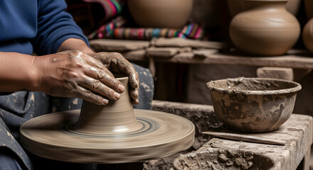 Skilled artisan's hands expertly shape clay on a potter's wheel, crafting timeless ceramic artistry in a rustic workshop setting