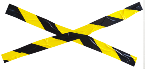 Torn crumpled cross adhesive yellow and black stripes tape on transparent background. x sign. 2 piece of cross plastic, glossy shine texture.